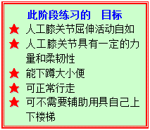 文本框: 此阶段练习的　目标★	人工膝关节屈伸活动自如★	人工膝关节具有一定的力量和柔韧性★	能下蹲大小便★	可正常行走★	可不需要辅助用具自己上下楼梯