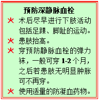 文本框: 预防深静脉血栓
＊	术后尽早进行下肢活动包括足踝、脚趾的运动。
＊	患肢抬高。
＊	穿预防静脉血栓的弹力袜，一般可穿1-2个月，之后若患肢无明显肿胀可不再穿。
＊	使用适量的防凝血药物。
